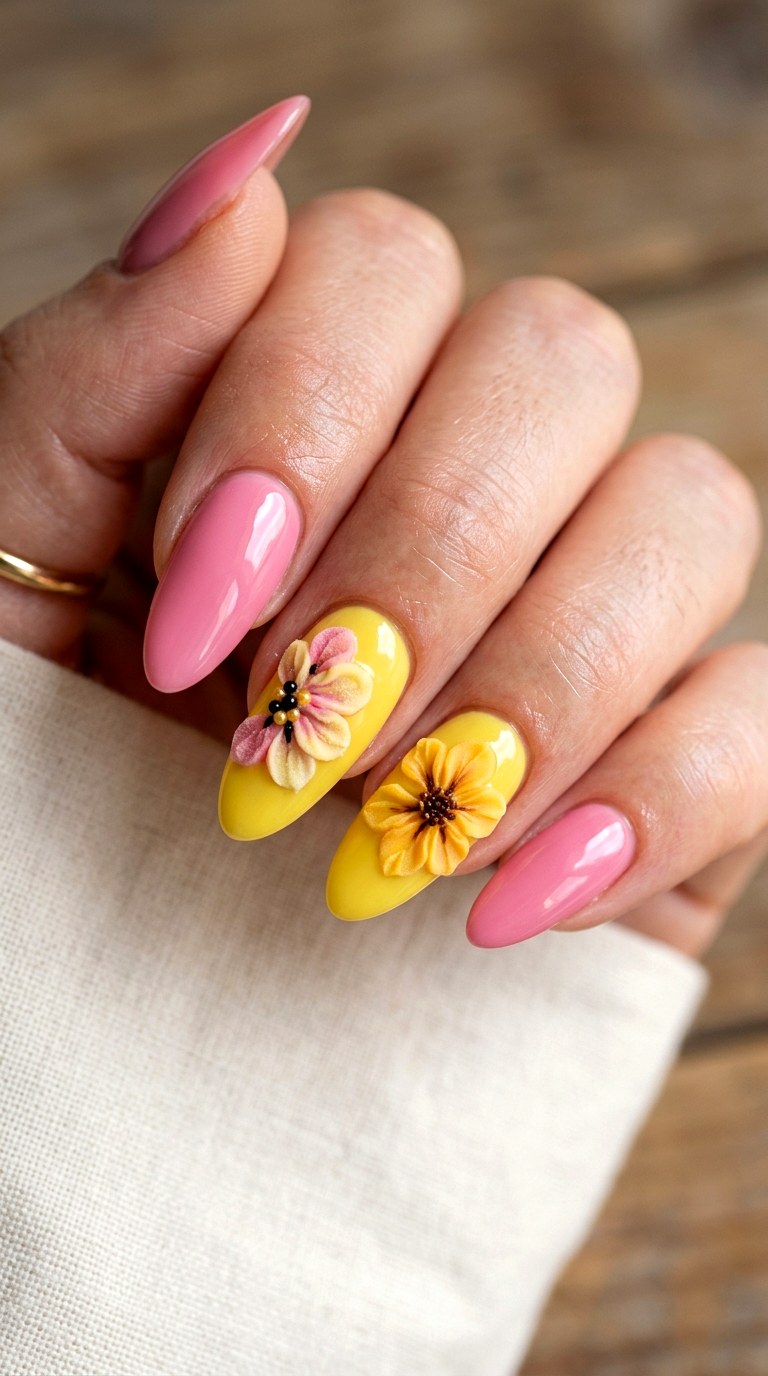 Pink Yellow D Flower Nails - 23 yellow pink Summer nail ideas