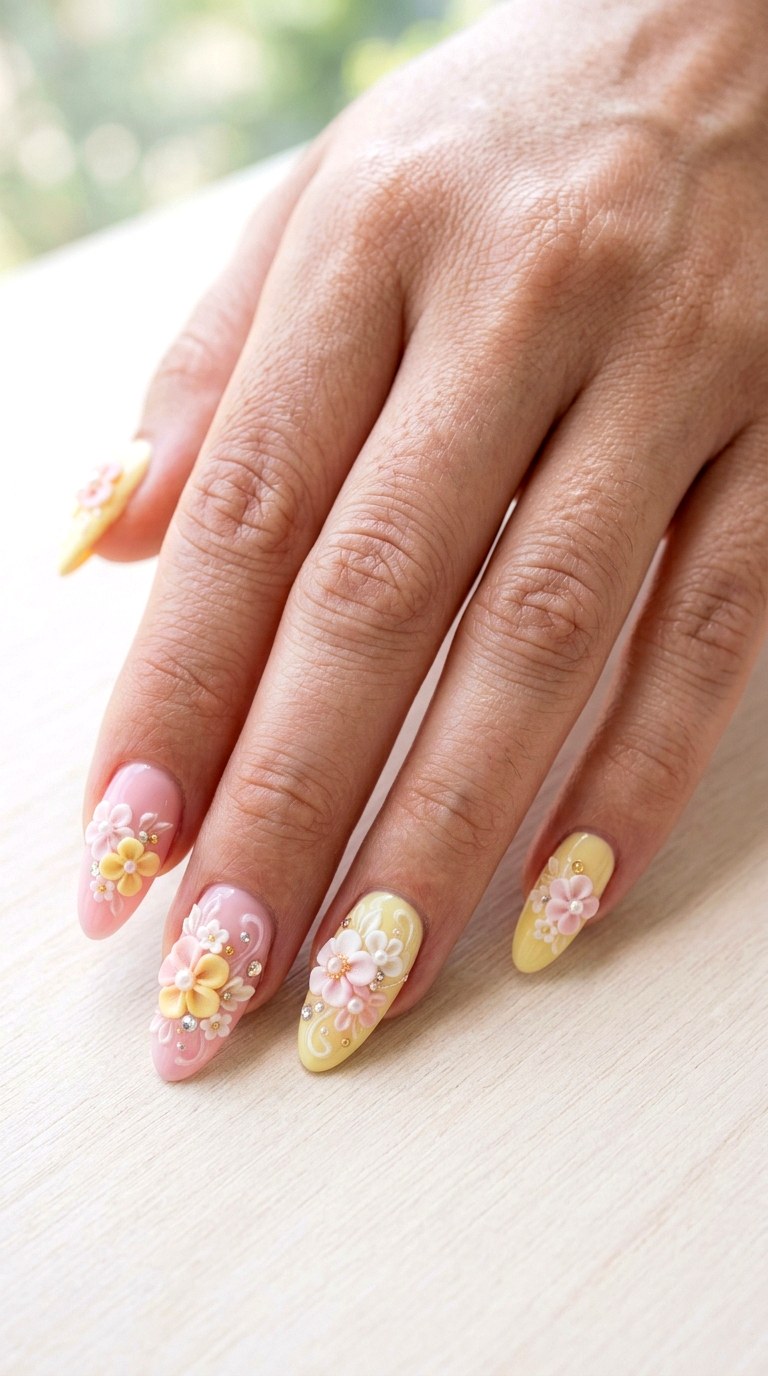 Pink Yellow D Flower Nails - 23 yellow pink kawaii nail design ideas