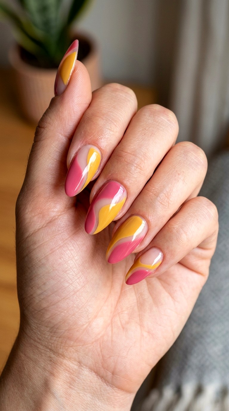 Pink Yellow Abstract Color Blocks Nails - 23 yellow pink Summer nail ideas