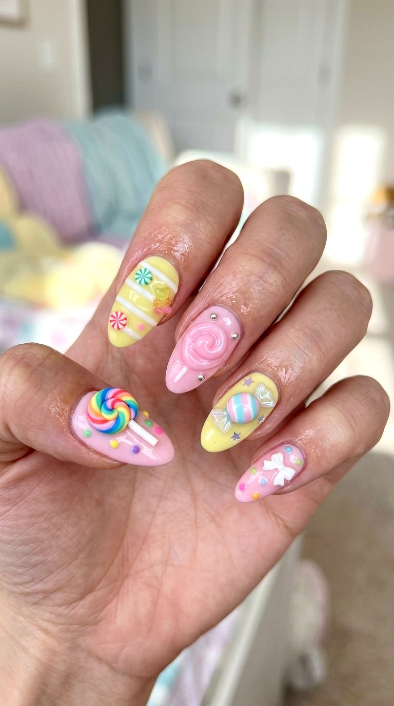 Pink Yellow Candy Nails - 23 yellow pink kawaii nail design ideas
