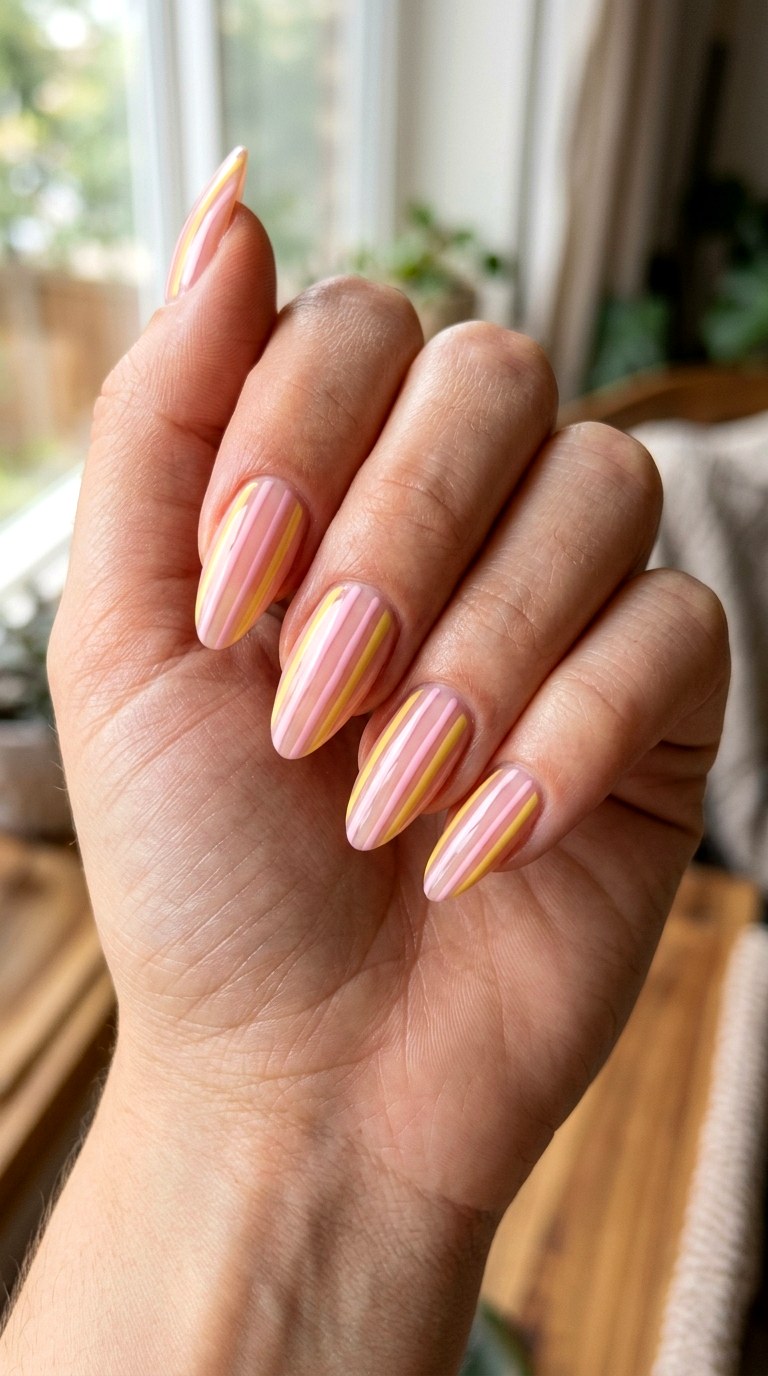Pink Yellow Candy Stripe Nails - 23 yellow pink Summer nail ideas