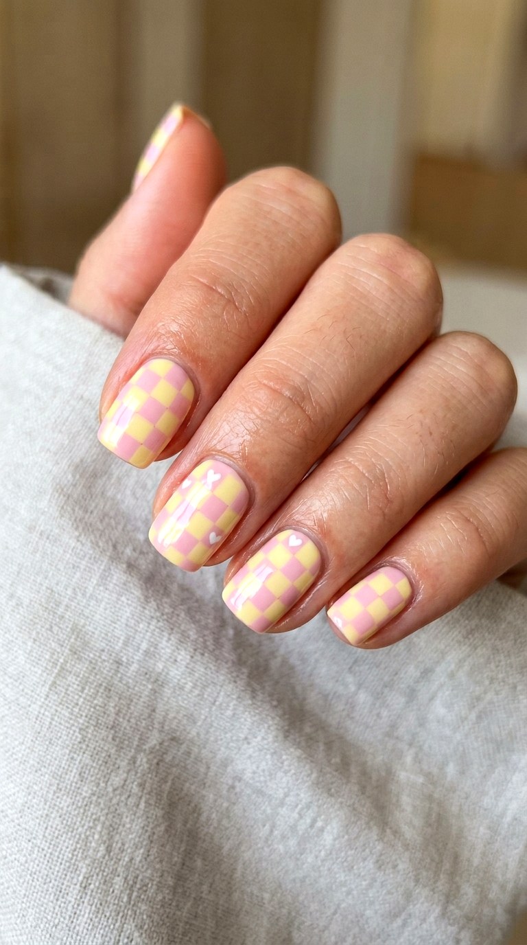 Pink Yellow Checkerboard Nails - 23 yellow pink kawaii nail design ideas