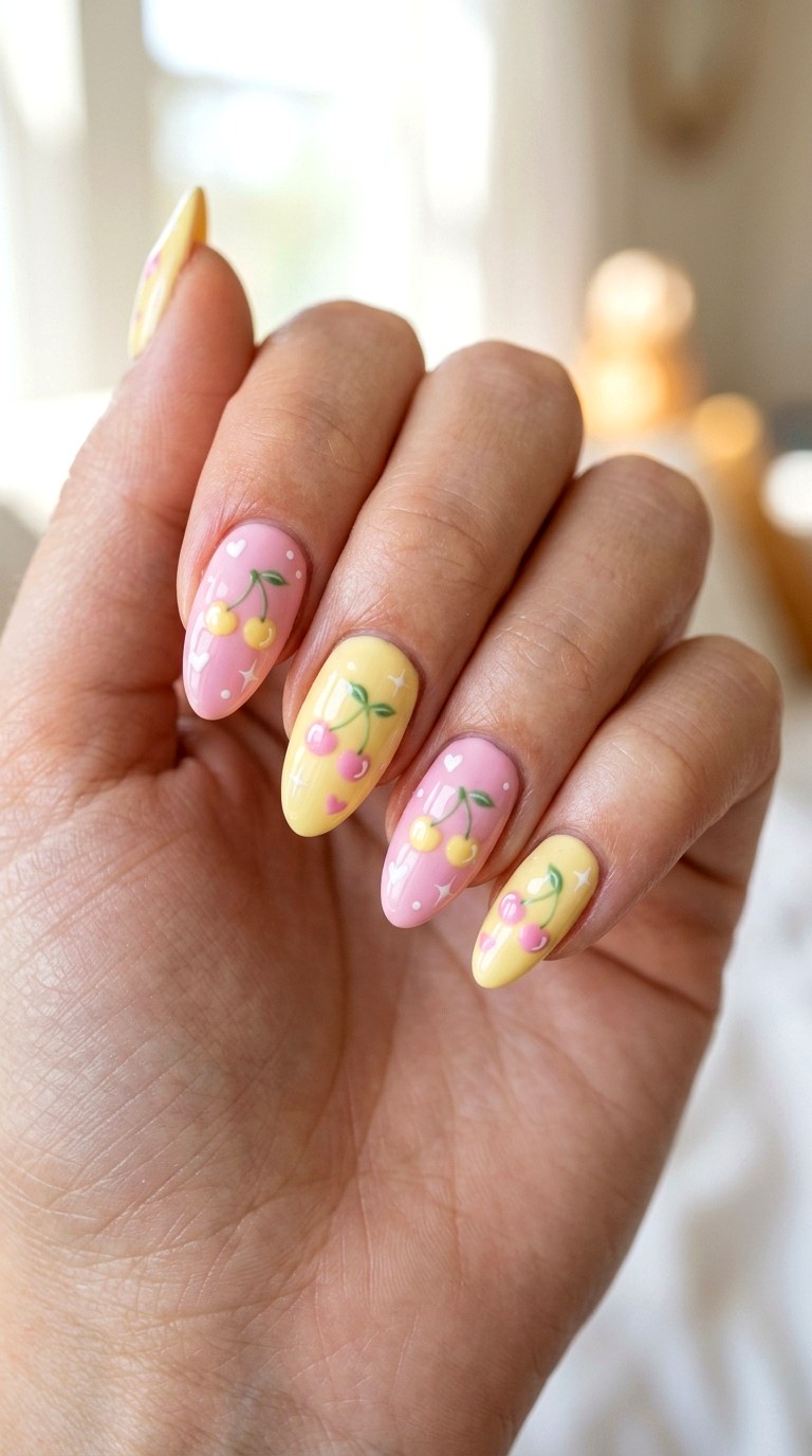 Pink Yellow Cherry Nails - 23 yellow pink kawaii nail design ideas