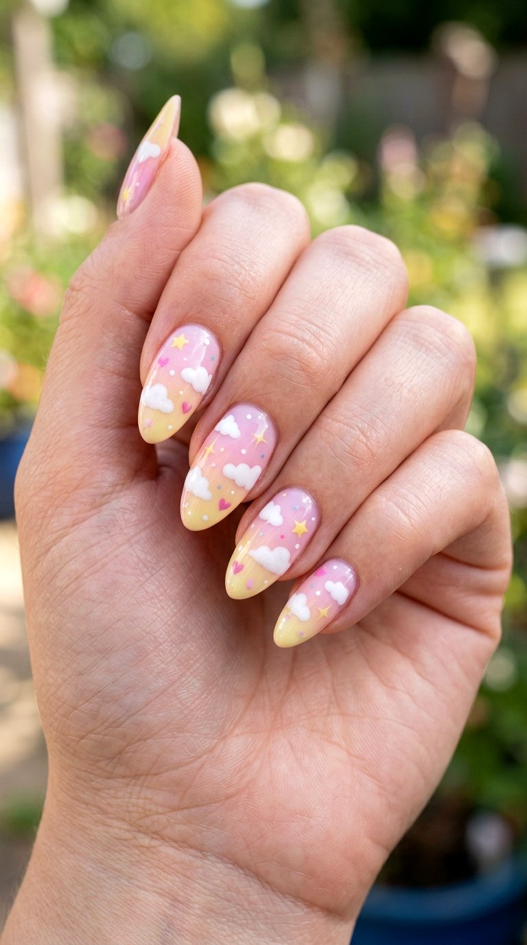 Pink Yellow Cloud Nails - 23 yellow pink kawaii nail design ideas