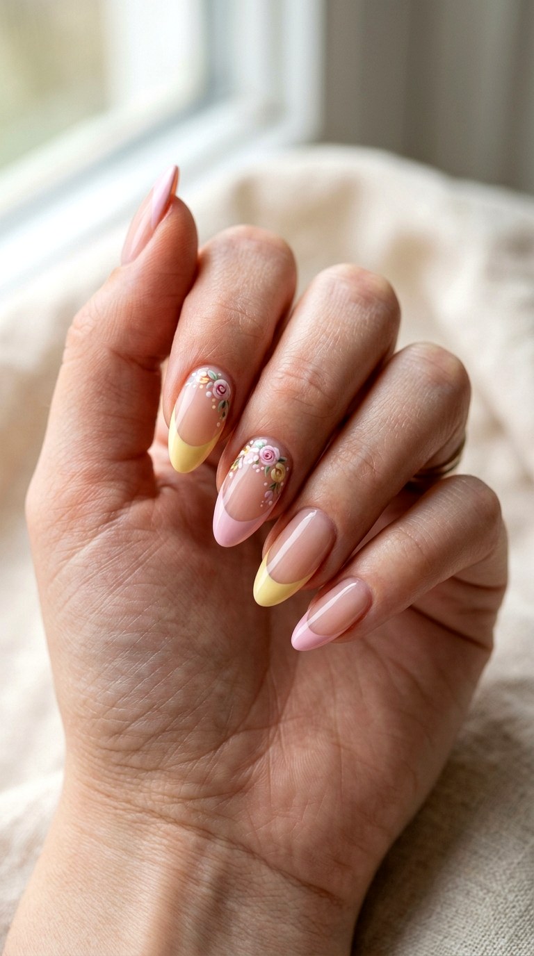 Pink Yellow French Flower Mix Nails - 23 yellow pink Summer nail ideas