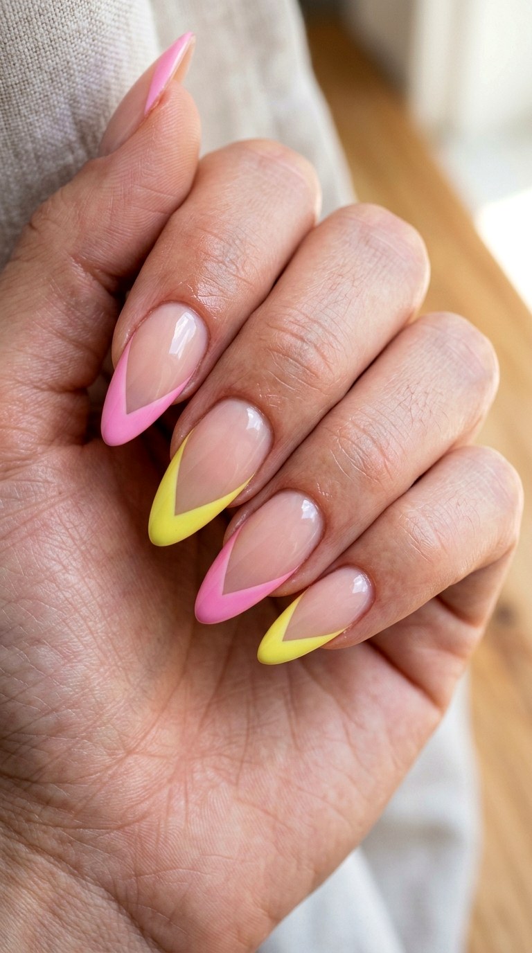 Pink Yellow French V Cut Nails - 23 yellow pink Summer nail ideas