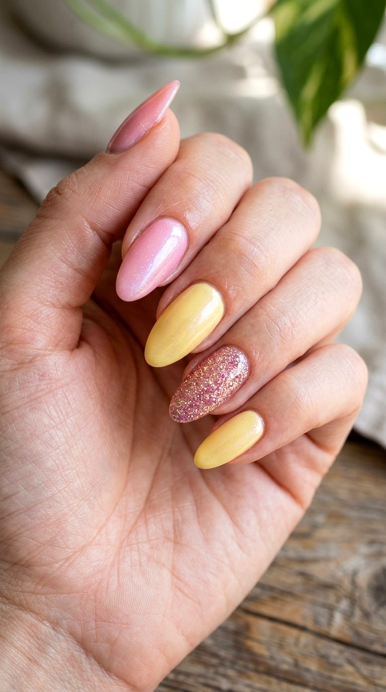 Pink Yellow Glitter Accent Nails - 23 yellow pink Summer nail ideas
