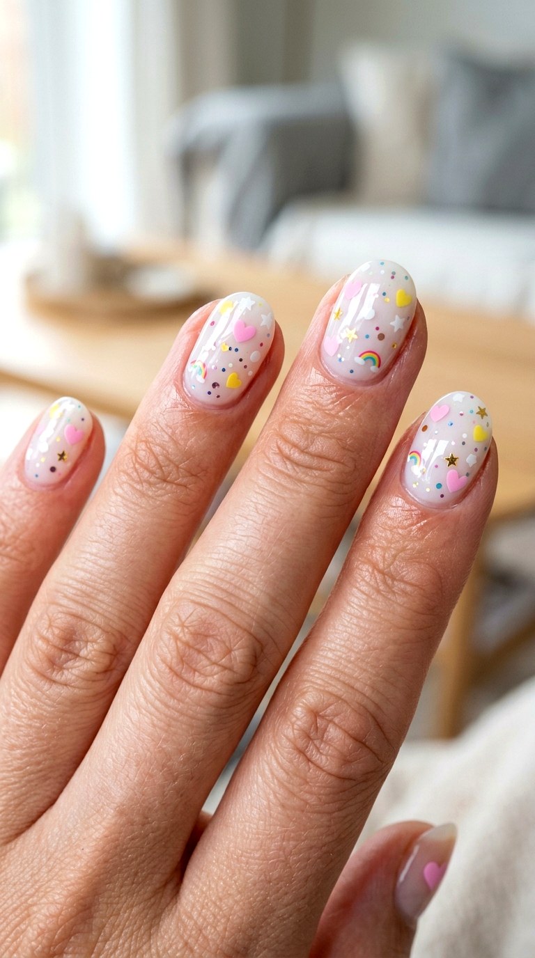 Pink Yellow Heart Confetti Nails - 23 yellow pink kawaii nail design ideas