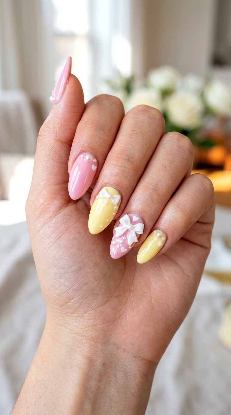 Pink Yellow Pearl Kawaii Nails - 23 yellow pink kawaii nail design ideas