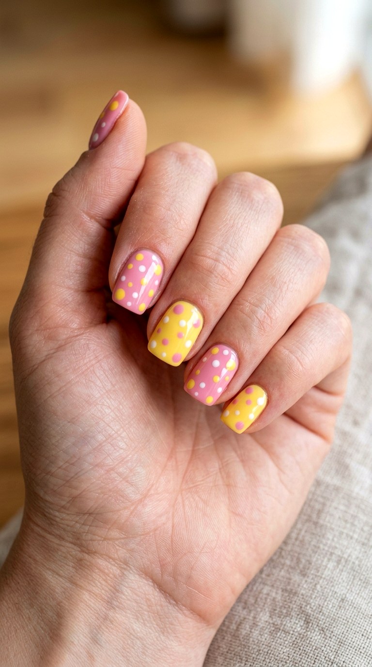 Pink Yellow Polka Dot Nails - 23 yellow pink Summer nail ideas