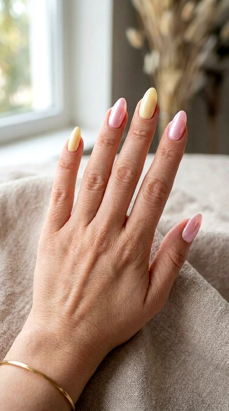 Pink Yellow Satin Shimmer Nails - 23 yellow pink Summer nail ideas