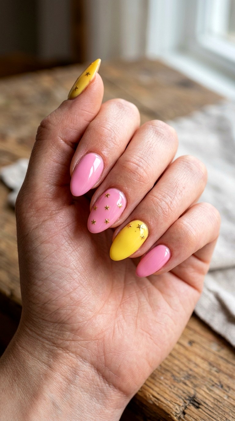 Pink Yellow Star Accent Nails - 23 yellow pink Summer nail ideas