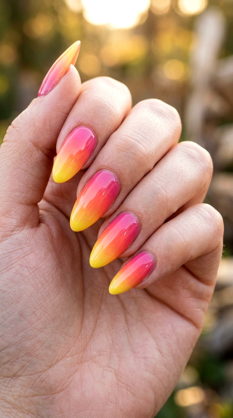 Pink Yellow Sunset Ombre Nails - 23 yellow pink Summer nail ideas