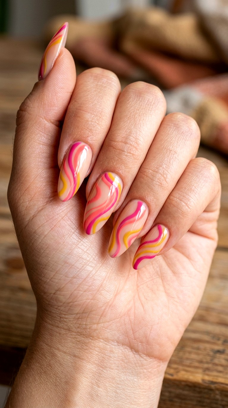 Pink Yellow Swirl Nail Art - 23 yellow pink Summer nail ideas
