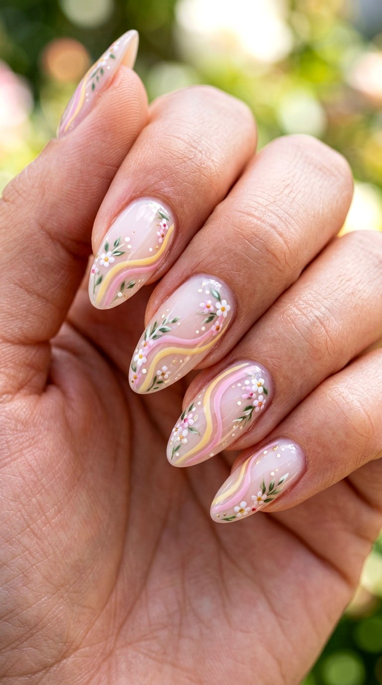 Pink Yellow Wavy Flower Nails - 23 yellow pink kawaii nail design ideas