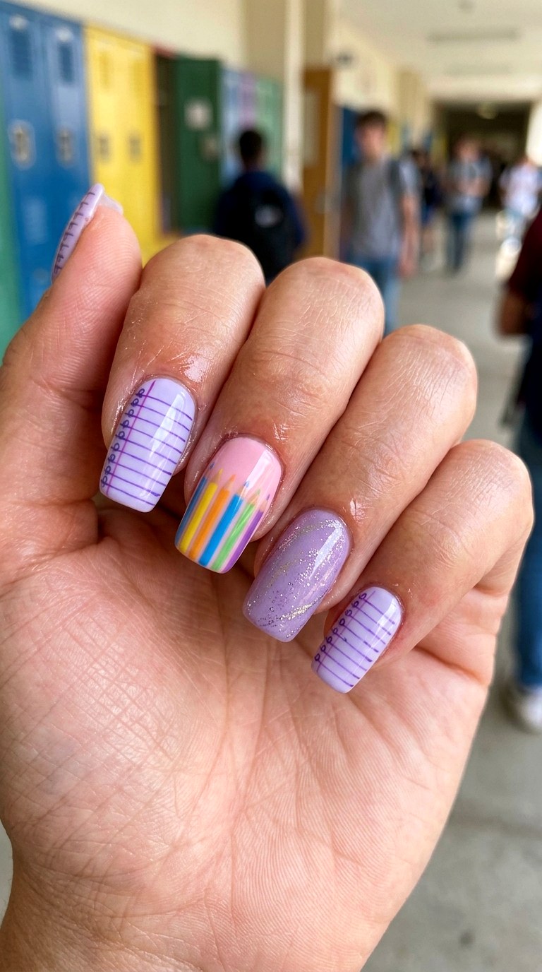 Pink and Purple Stationery Nails - 25 back to school nail ideas