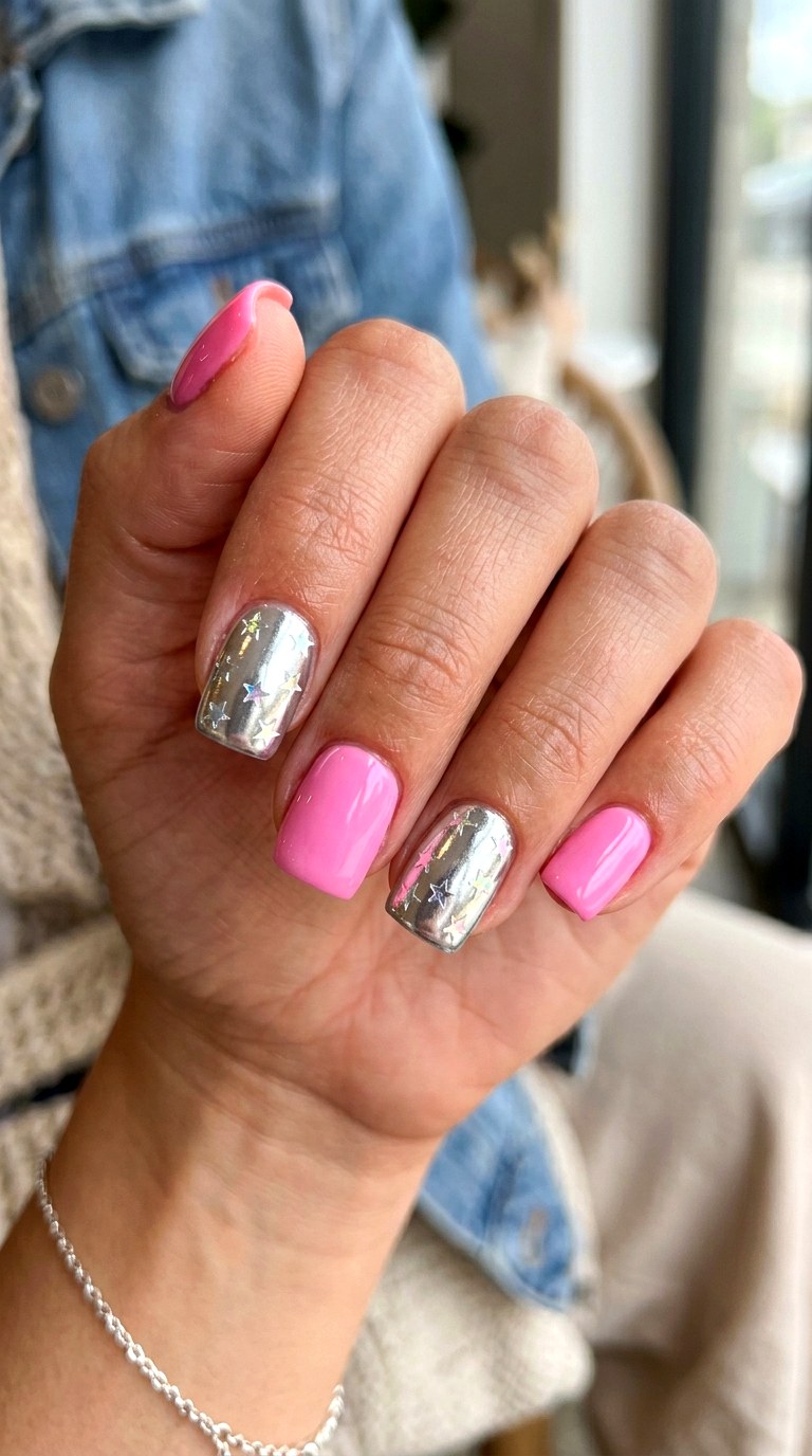 Pink and Silver Star Mix - 24 y2k star short nail ideas