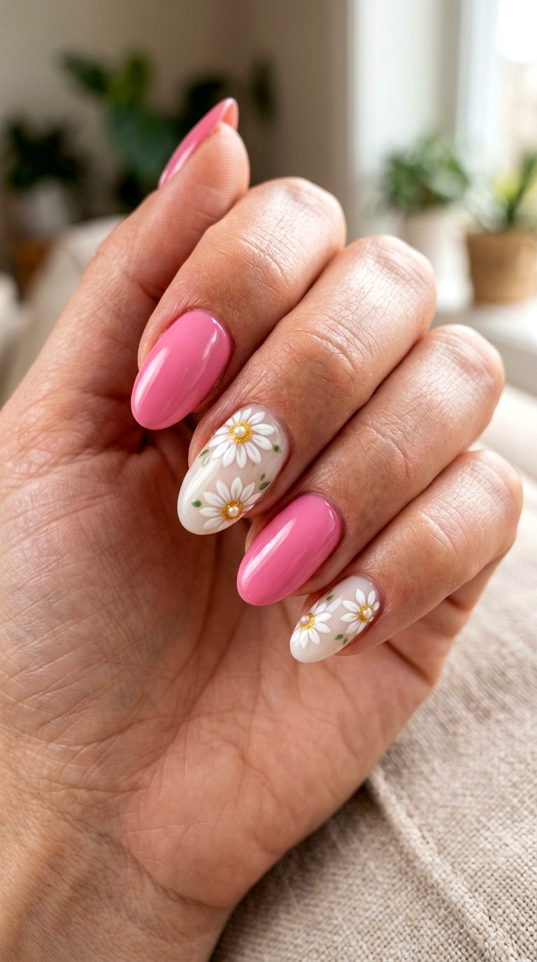 Pink and White Daisy Nails - 23 girly acrylic nail ideas