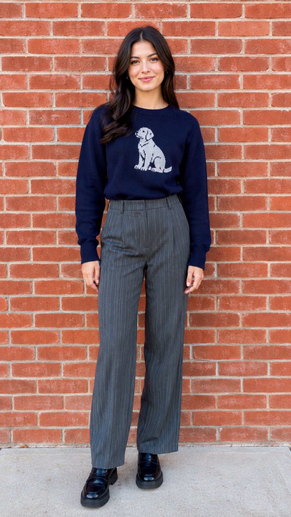 Pinstripe Trousers and Graphic Sweater - 24 early fall outfit look ideas