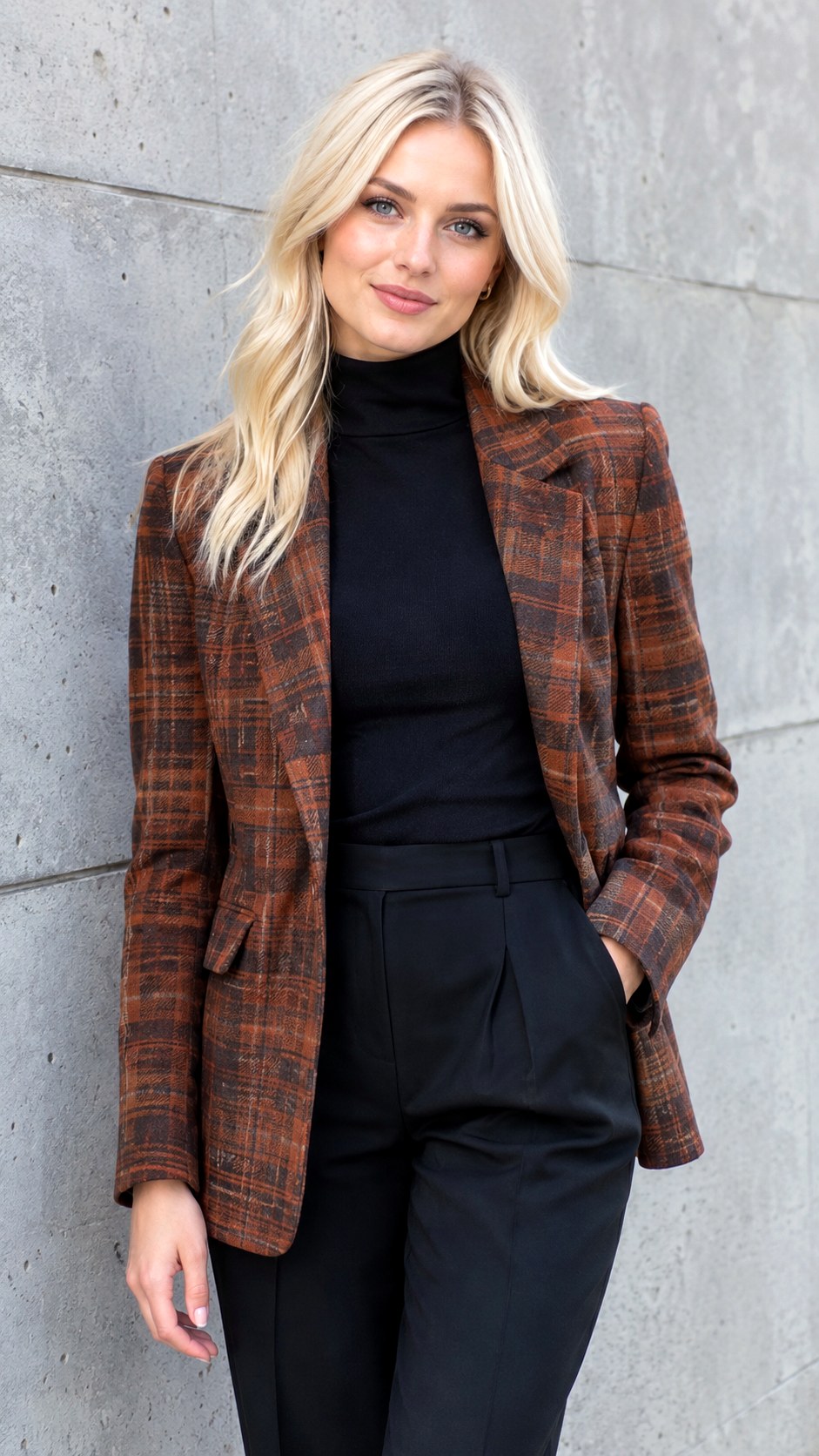 Plaid Blazer and Black Turtleneck - 24 early fall outfit look ideas