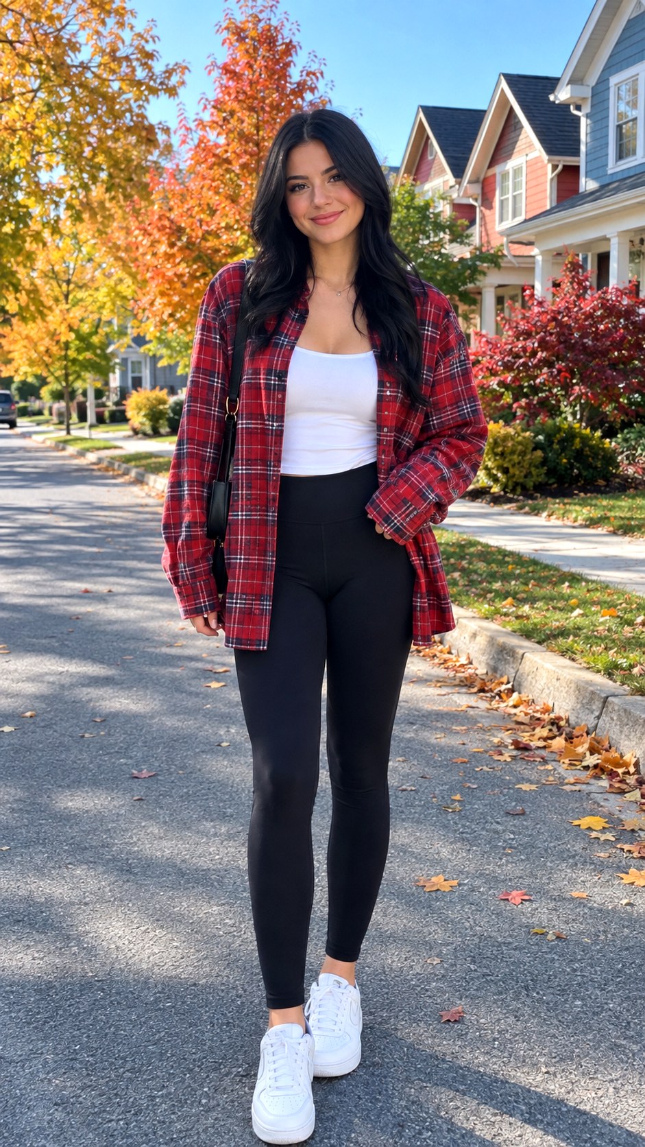 Plaid Flannel Shirt and Black Leggings - 21 casual fall outfit for women look ideas