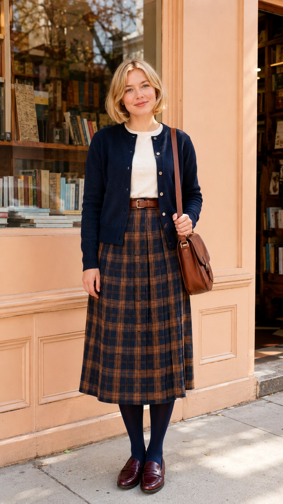 Plaid Midi Skirt With Navy Cardigan - 20 fall skirt outfits