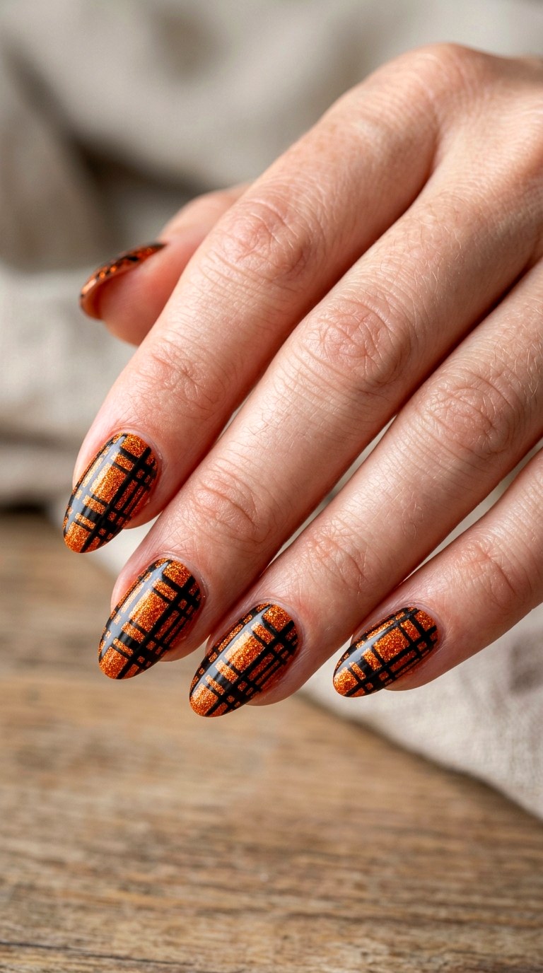 Plaid Orange and Black Nails - 23 simple halloween nail design ideas
