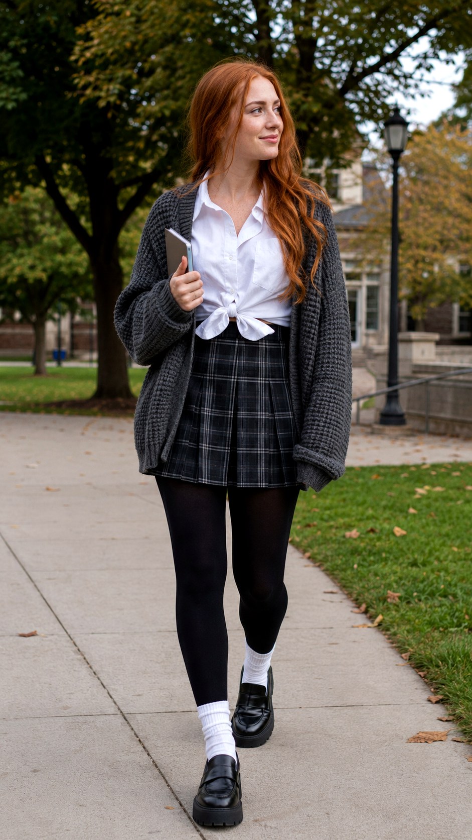 Plaid Pleated Mini Skirt with Black Leggings - 25 Skirt with Black Leggings Ideas