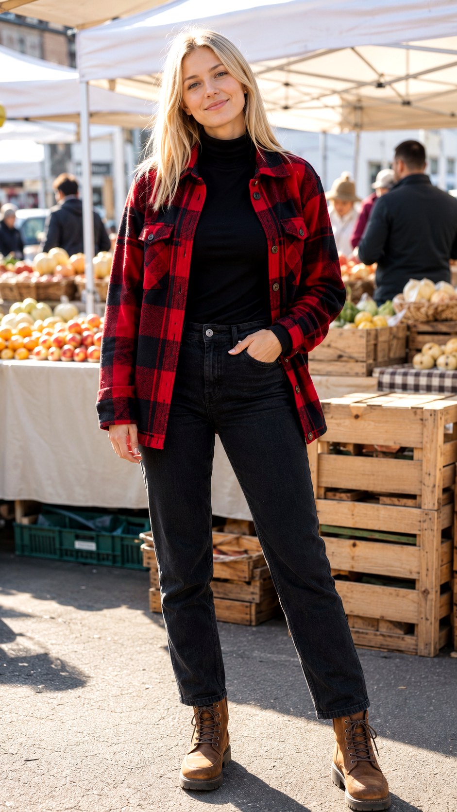 Plaid Shacket and Plain Black Turtleneck - 23 Soft Grunge Outfits Ideas