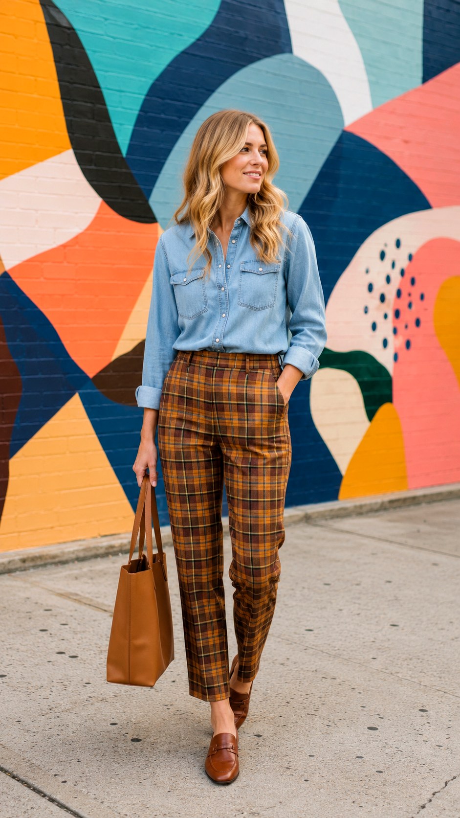 Plaid Trousers Denim Button Up Outfit - 22 Denim Button Up Outfit Ideas