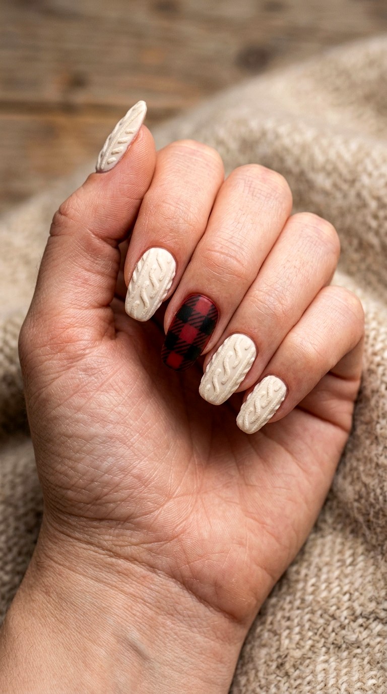 Plaid and Knit Combo Nails - 24 winter sweater nails nail art design ideas