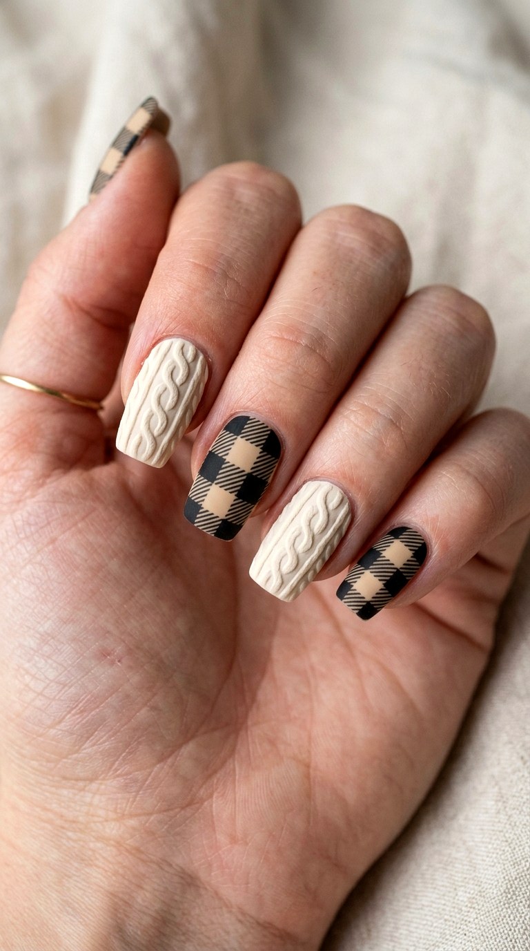 Plaid and Knit Combo Nails - 23 sweater nails fall nail art design ideas