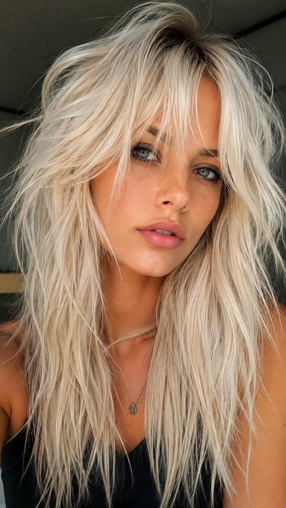 Platinum Blonde Choppy Layers - 25 Long Layers with Curtain Bangs Ideas