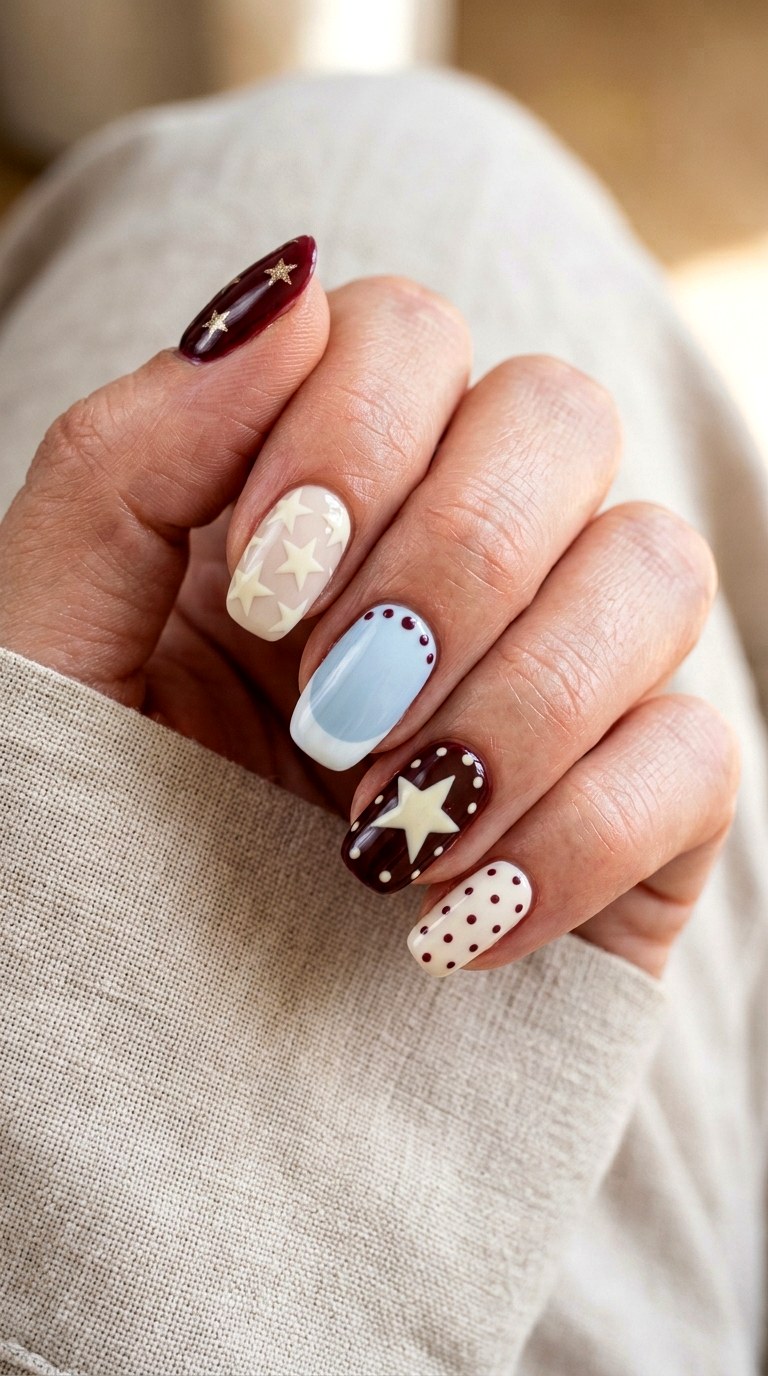 Playful Mismatched Star Nails - 20 Star and polka dots Nail design ideas
