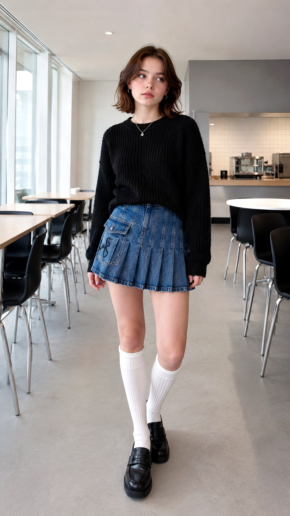 Pleated Denim Skirt Script Pocket - 21 black pocket script font denim