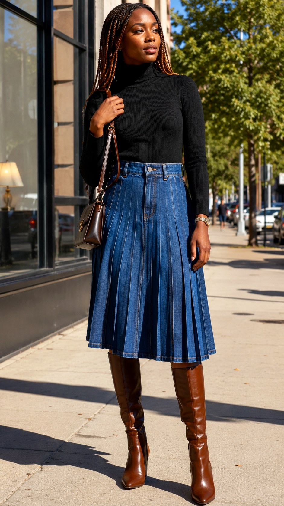 Pleated Denim Skirt and Fitted Turtleneck - 24 Denim Outfits for Women Ideas
