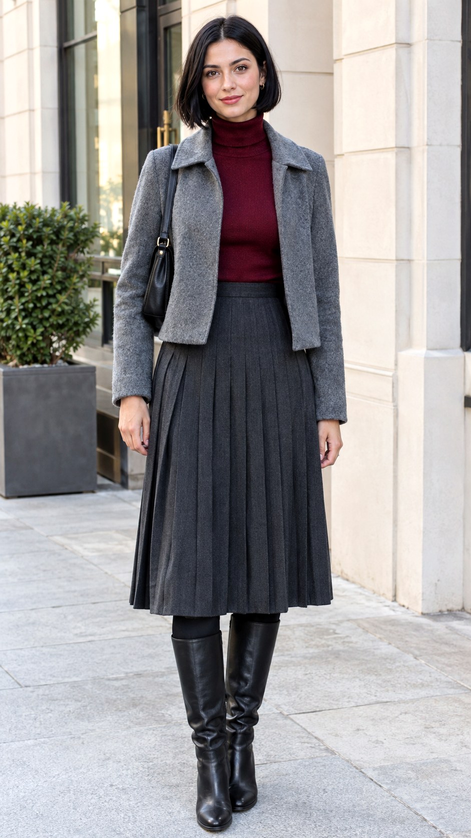 Pleated Midi Skirt With Knee High Boots - 20 autumn outfit ideas
