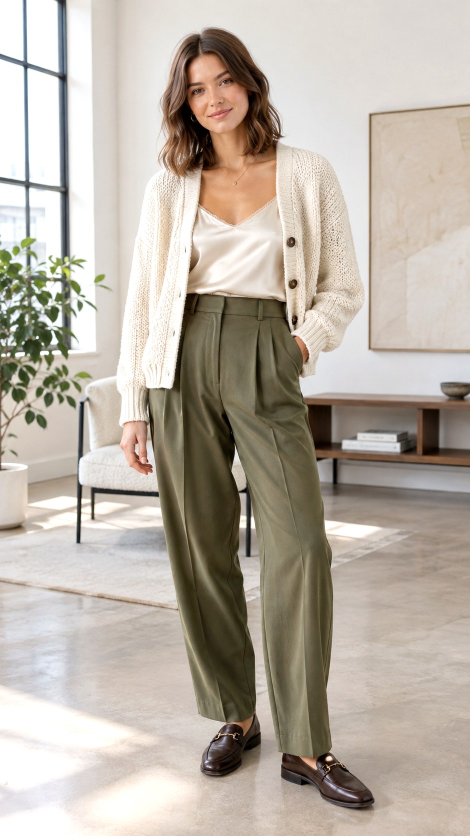 Pleated Trousers And Chunky Cardigans - 21 warm fall outfit look ideas