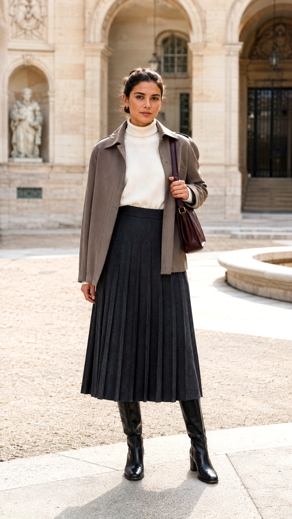 Pleated Wool Skirt With Fitted Turtleneck - 20 fall skirt outfits