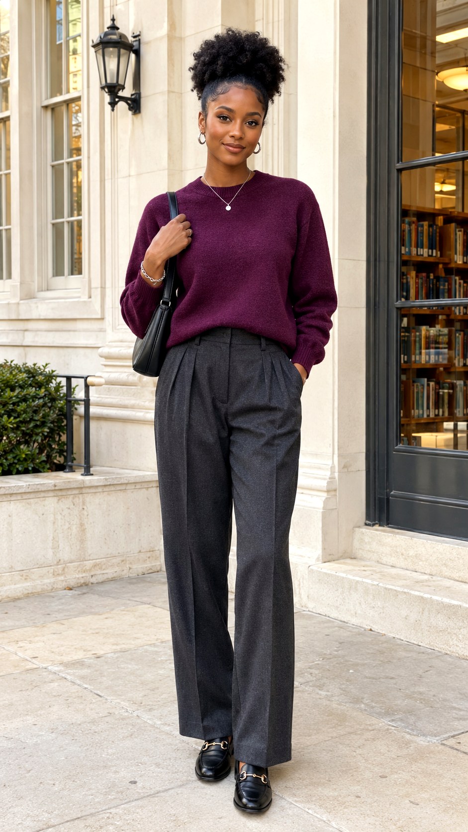 Plum Sweater With Gray Trousers - 20 fall outfits black women