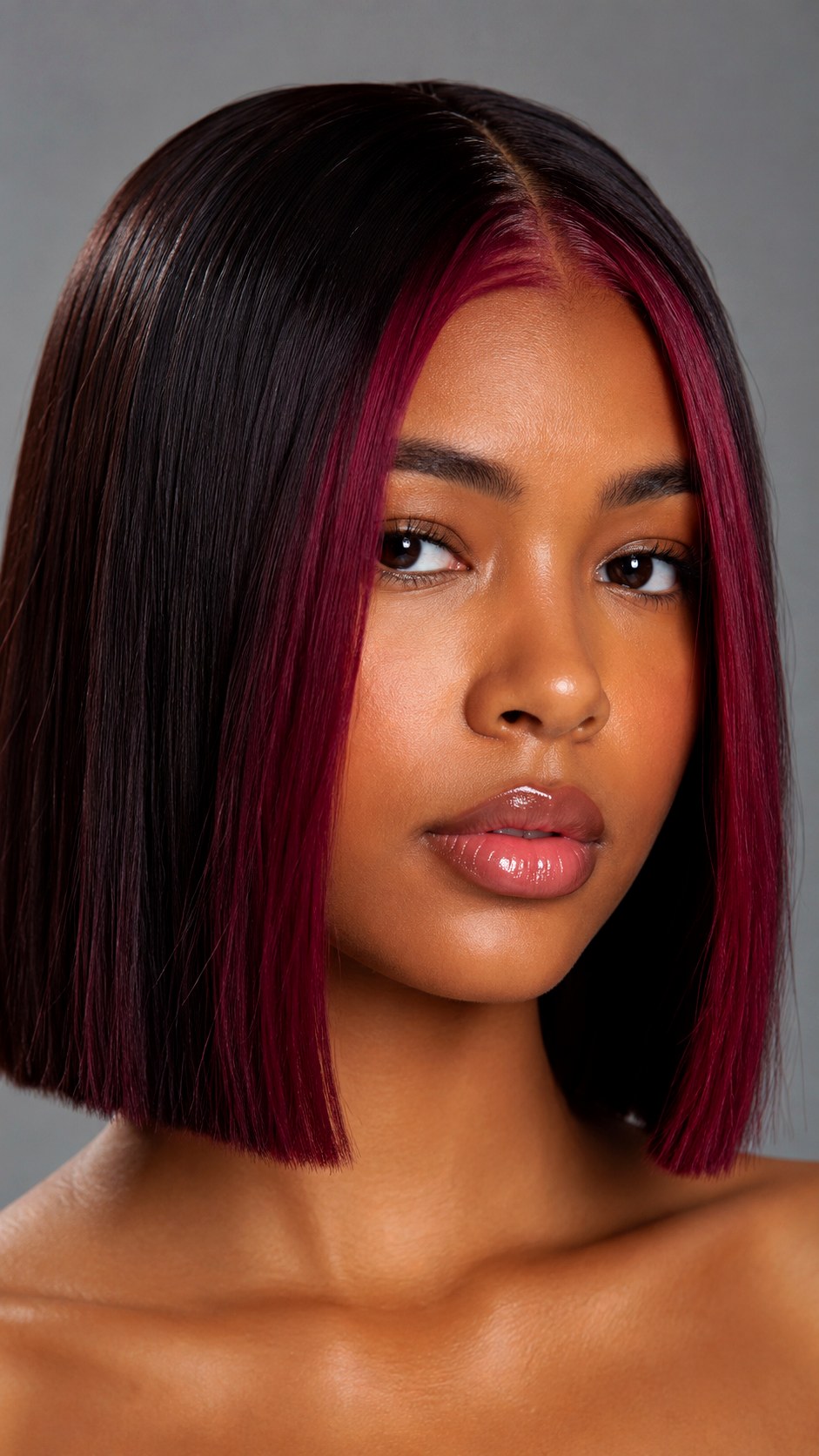 Plum Wine Money Piece on a Blunt Cut - 23 hair color for brown skin ideas