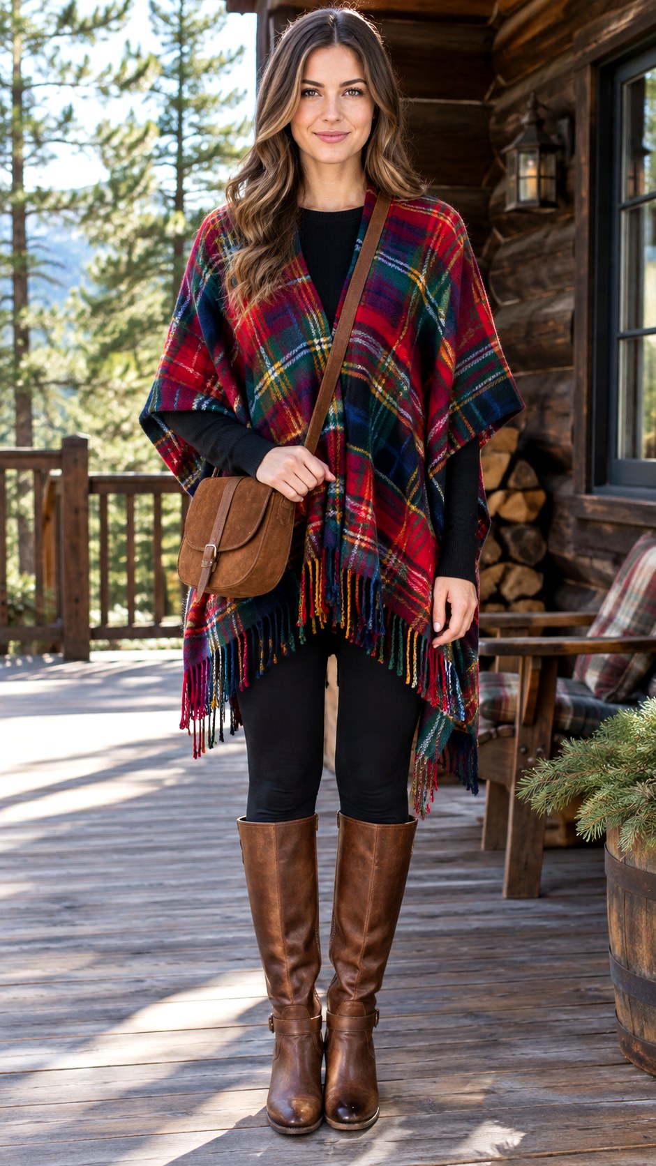 Poncho Over Tee and Knee High Boots - 20 casual fall outfit look ideas
