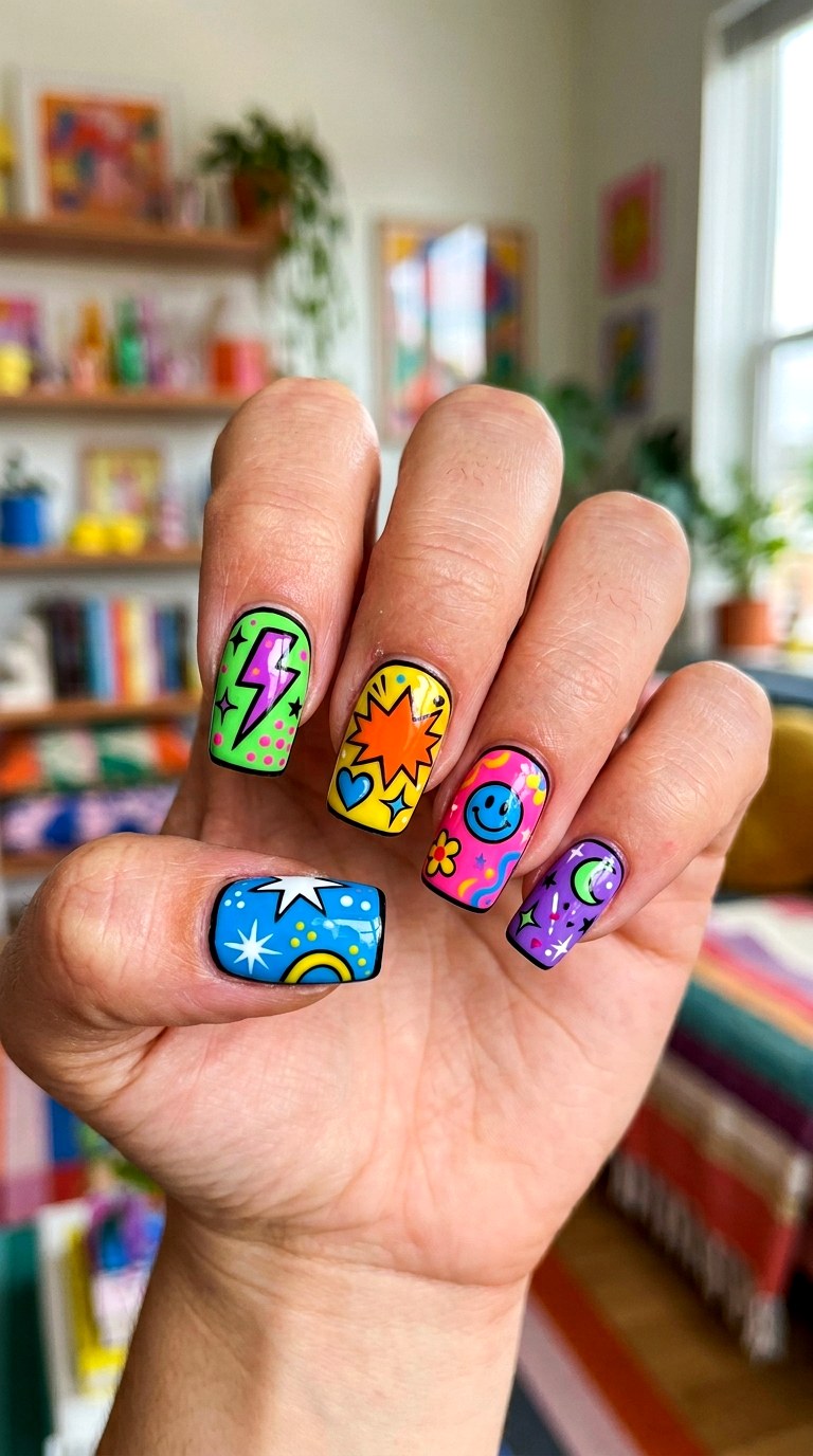 Pop Art Rainbow Comic Nails - 20 Y2K comic nails design ideas