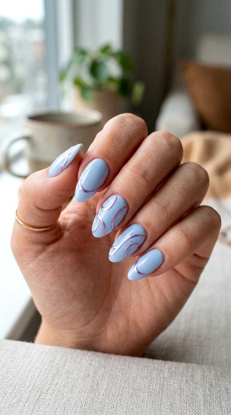 Powder Blue With Lilac Chrome Lines - 25 pastel purple blue nail ideas