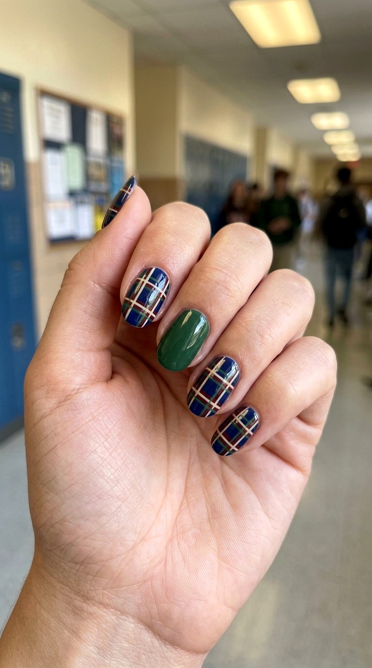 Preppy Plaid School Nails - 25 back to school nail ideas