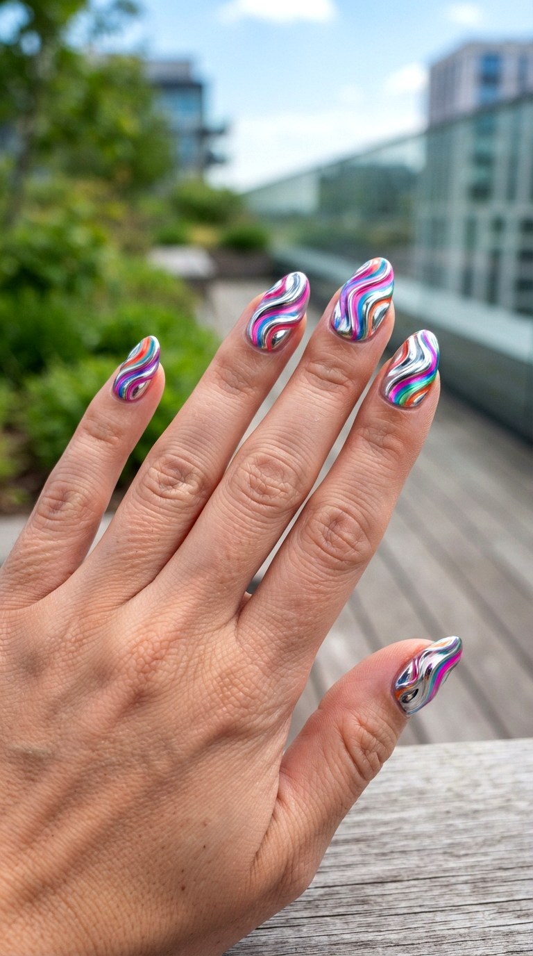 Psychedelic Chrome Waves - 25 brigh spring funky nail ideas
