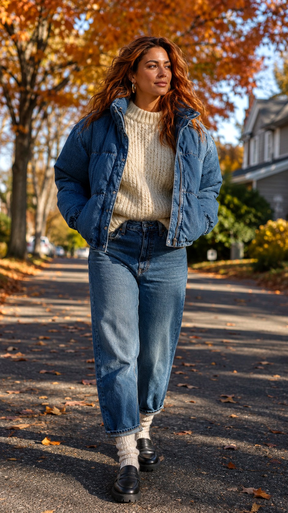 Puffer Denim Jacket Barrel Jeans - 20 Double Denim Outfit Ideas