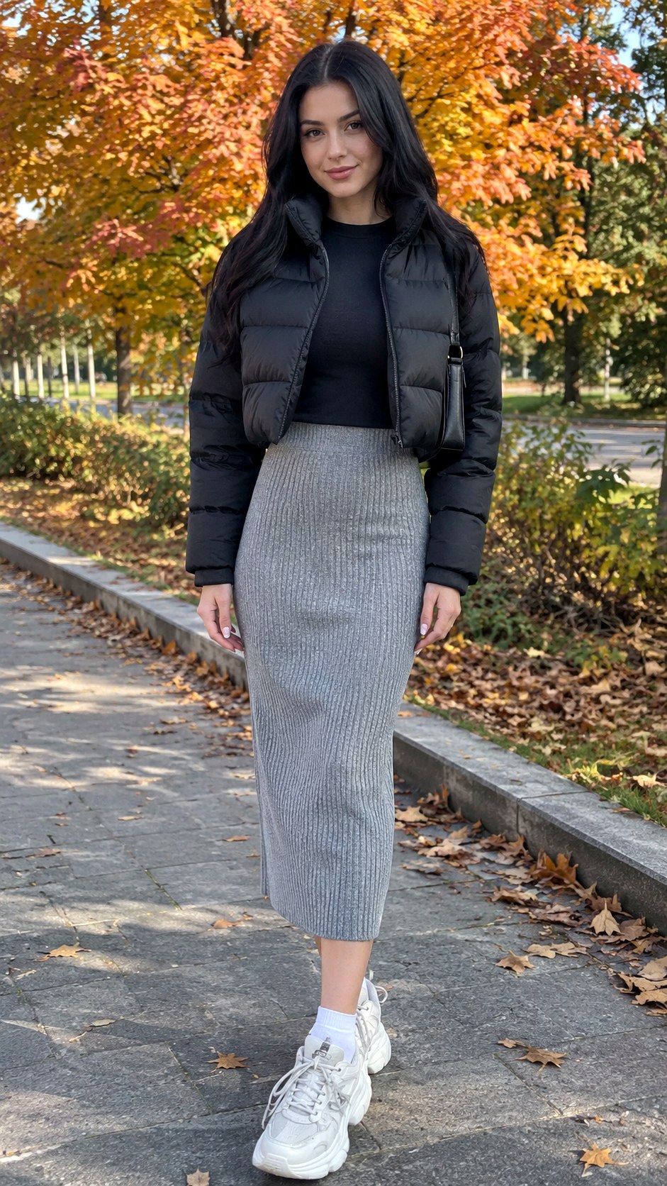 Puffer Jacket Over knit Midi Skirt - 21 casual fall outfit for women look ideas
