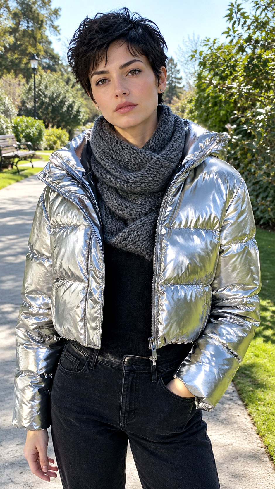 Puffer Jacket and Chunky Knit Scarf - 25 cozy fall outfit ideas