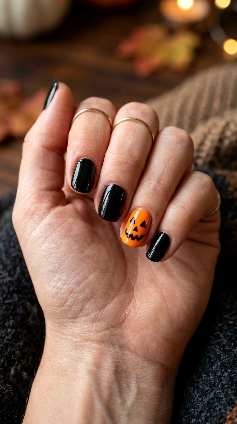Pumpkin Face Accent Nails - 23 simple halloween nail ideas